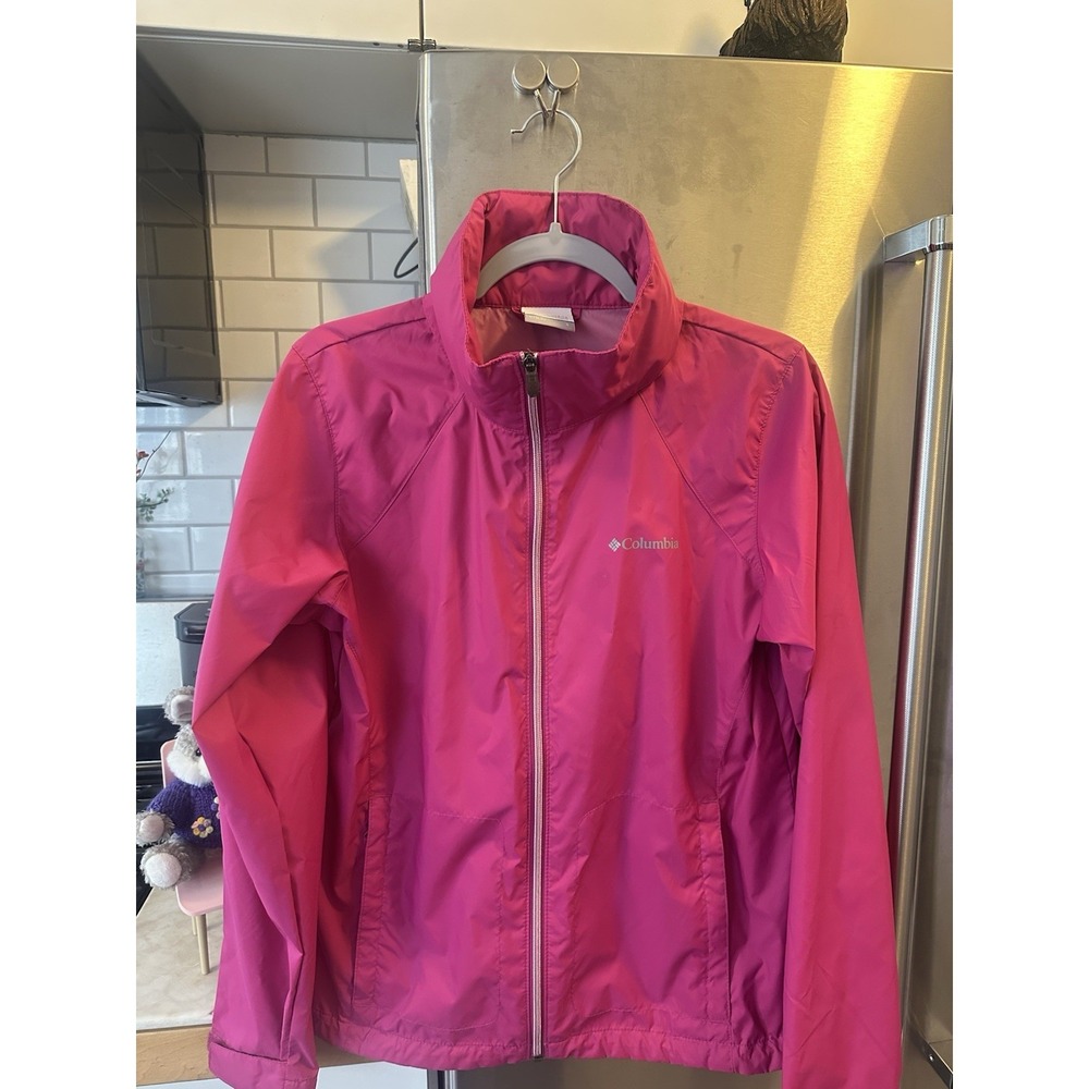 Columbia Spring Jacket, Rain Protection Stored Hood, Sz L, High Visibility Pink‎